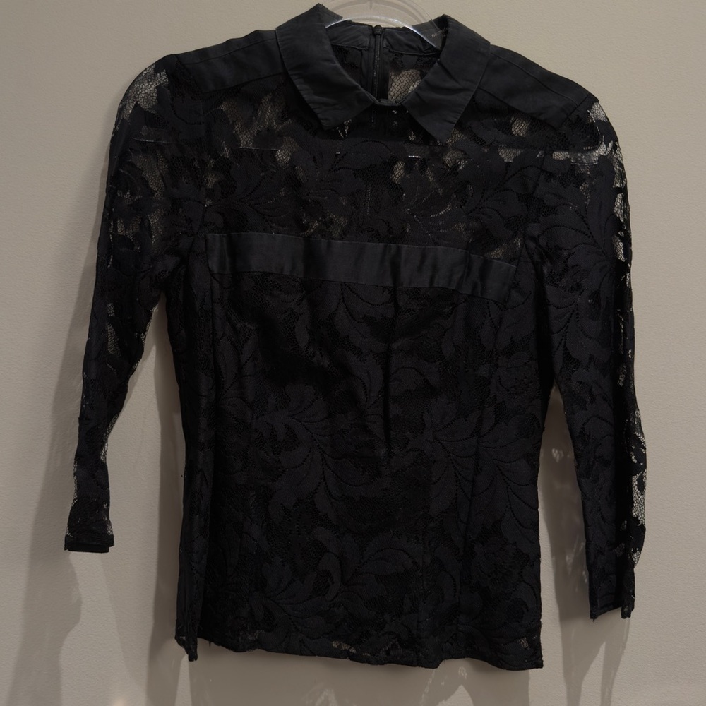 Nanette Lepore Made In NYC Black Lace Detail Long Sleeve Collar Top Size 2